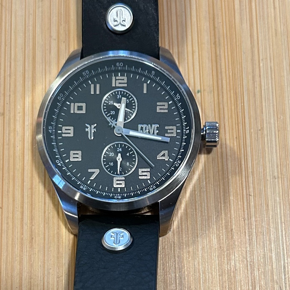 Frye Watch With 43mm Black Face & Black Leather Band